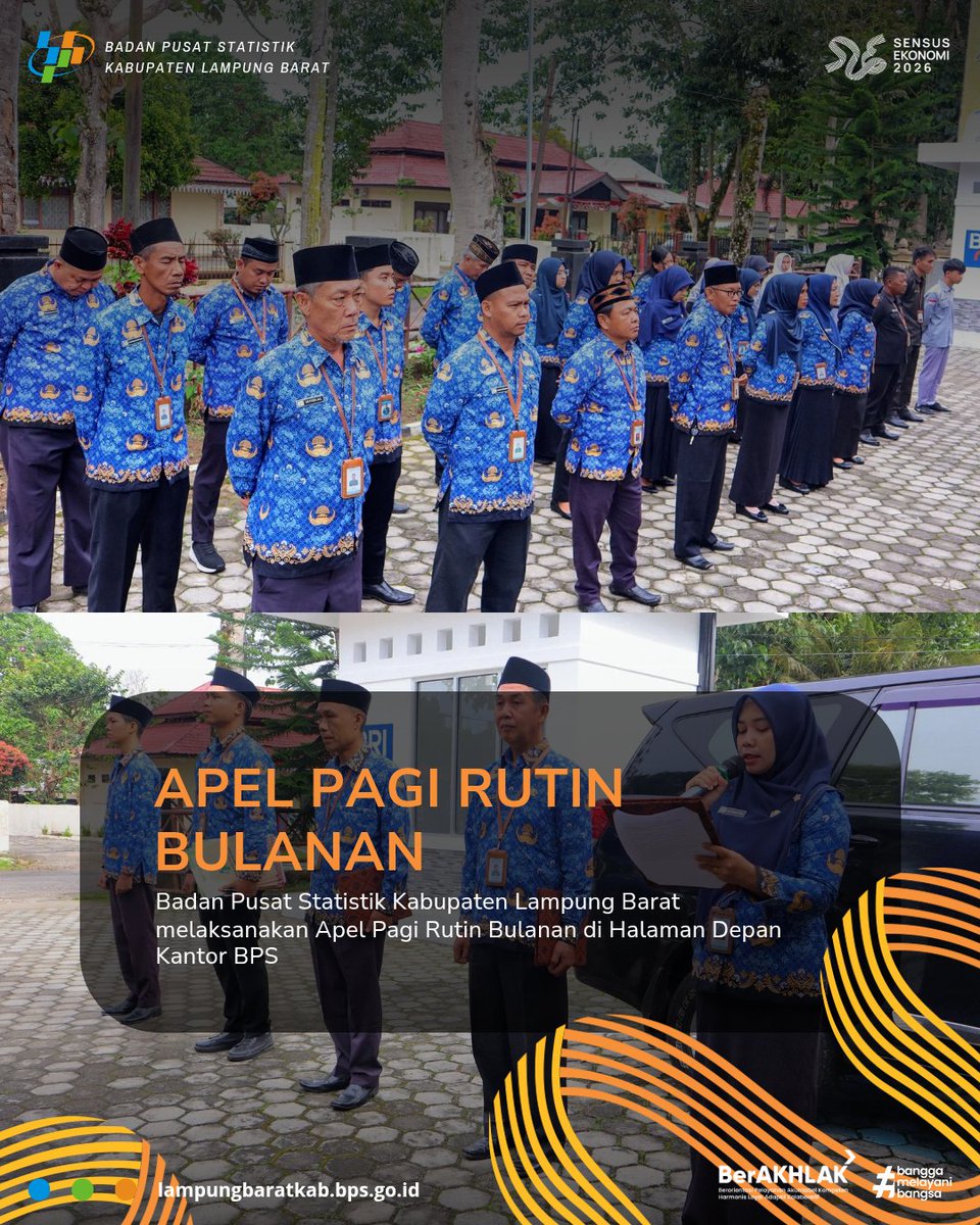 bpslampungbarat's tweet photo. BPS Kabupaten Lampung Barat Gelar Apel Pagi Rutin Bulanan

Lampung Barat – Badan Pusat Statistik (BPS) Kabupaten Lampung Barat melaksanakan apel pagi rutin bulanan di halaman depan kantor BPS Kabupaten Lampung Barat, Senin (17/2). https://t.co/NFQKuKrnlI
