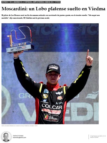#Autovilismo #TCP 🏁 Nicolás Moscardini (Ford) tuvo un fin de semana "ovalado", en Viedma. Ganó su primera carrera (de punta a punta) en 31 presentaciones, en el TC Pista. Un arranque de temporada que ilusiona al piloto de Los Hornos.  
📰 <a href="/eldialp/">Diario EL DIA de La Plata</a> 
🔜 eldia.com/nota/2025-2-17…