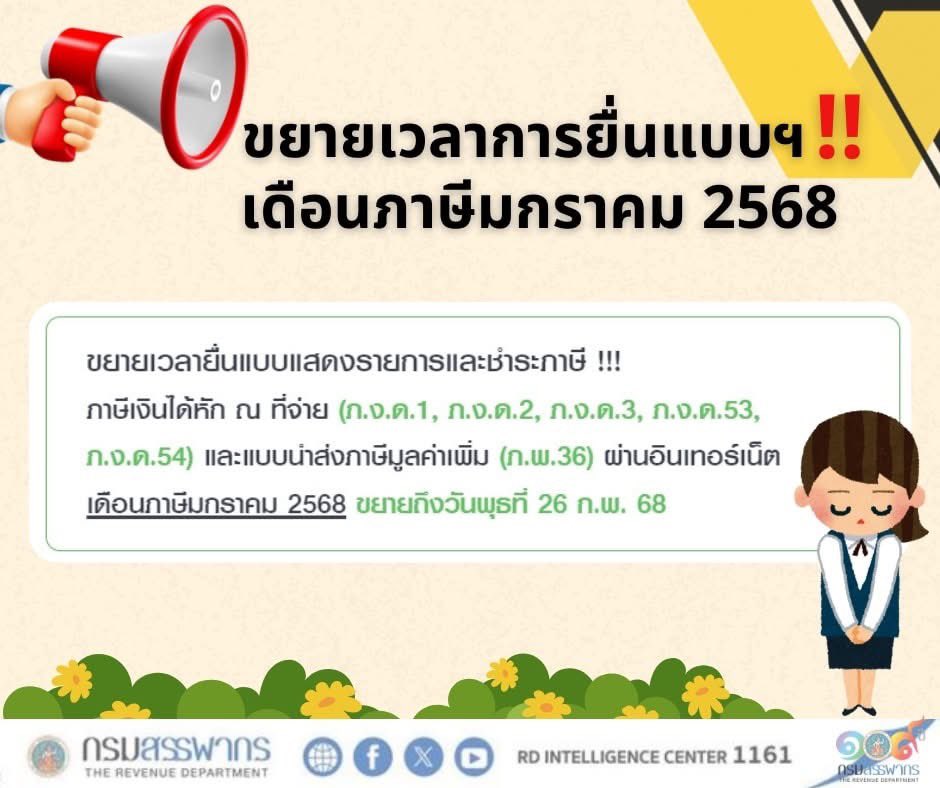 📣กรมสรรพากรประกาศขยายเวลายื่นแบบแสดงรายการและชำระภาษี‼️ ผ่านอินเทอร์เน็ต ของเดือนภาษีมกราคม 2568 ขยายเวลาถึงวันพุธที่ 26 ก.พ. 68
✅️ภาษีเงินได้หัก ณ ที่จ่าย (ภ.ง.ด.1, 2, 3, 53, 54)
✅แบบนำส่งภาษีมูลค่าเพิ่ม (ภ.พ.36)