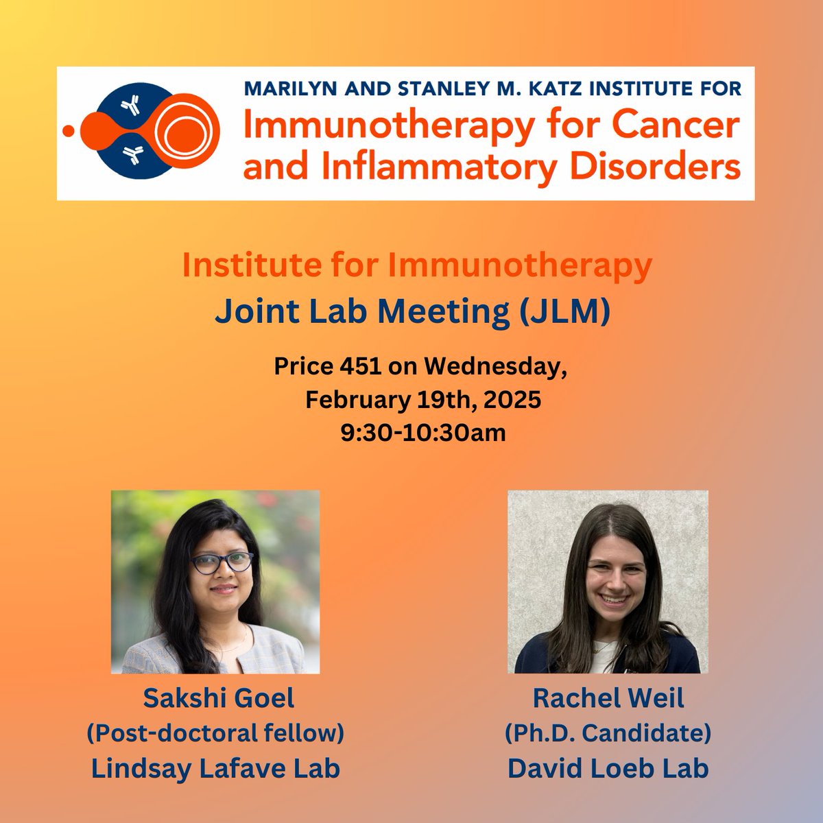 Exciting presentations ahead! Join <a href="/Sakshi_IITK/">Sakshi Goel</a> [<a href="/Lindsay_LaFave/">Lindsay LaFave</a> Lab] &amp; Rachel Weil [David Loeb Lab] as they dive into groundbreaking #CancerImmunotherapy research at the IFI-JLM session on Feb 19th!
<a href="/EinsteinPhD/">EinsteinPhD</a> 
<a href="/EinsteinMed/">Albert Einstein College of Medicine - Official</a>
<a href="/EinsteinMSTP/">EinsteinMSTP</a>
<a href="/EinsteinCellBio/">EinsteinCellBio</a>
<a href="/MontefioreNYC/">Montefiore Health System</a>