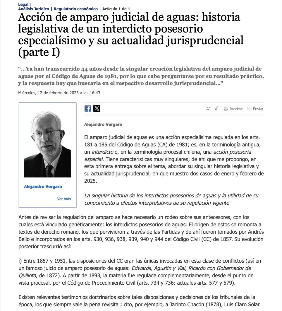_PDAE's tweet photo. "Lectura de la Semana": compartimos el artículo de Don @vergara_blanco , Director del #PDAE, publicado en El Mercurio Legal, titulado "Acción de amparo judicial de aguas: historia legislativa de un interdicto posesorio especialísimo y su actualidad jurisprudencia (parte I)" https://t.co/IlVjZmGtQu