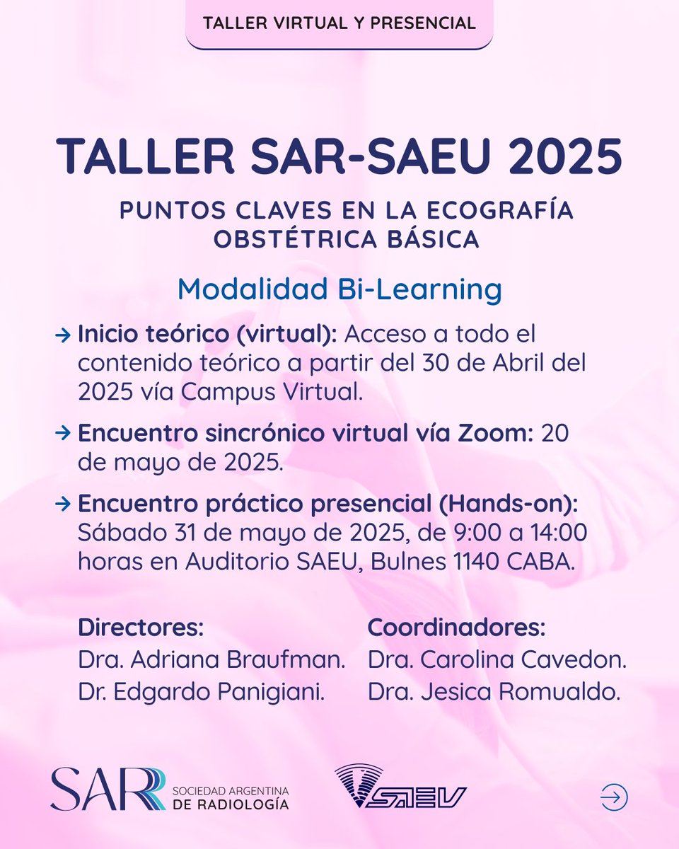 SAR (@socargrad) on Twitter photo 📣 Si sos médico/a con experiencia en ecografía, tenemos una oportunidad para vos. Ya podés inscribirte en el TALLER DE ECOGRAFÍA OBSTÉTRICA BÁSICA, con modalidad Bi-Learning.
📝 Más información en:
bit.ly/sar-saeu-2025
<a href="/OficialSaeu/">saeu_oficial</a> 📣 Si sos médico/a con experiencia en ecografía, tenemos una oportunidad para vos. Ya podés inscribirte en el TALLER DE ECOGRAFÍA OBSTÉTRICA BÁSICA, con modalidad Bi-Learning.
📝 Más información en:
bit.ly/sar-saeu-2025
<a href="/OficialSaeu/">saeu_oficial</a>