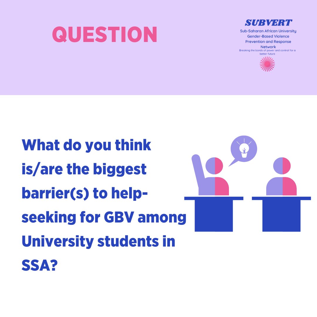What do you think is the biggest barrier to help-seeking for GBV among University students in SSA?   Drop your comments. 

Link  to our recent article
journals.sagepub.com/doi/full/10.11…  #SubvertNetwork