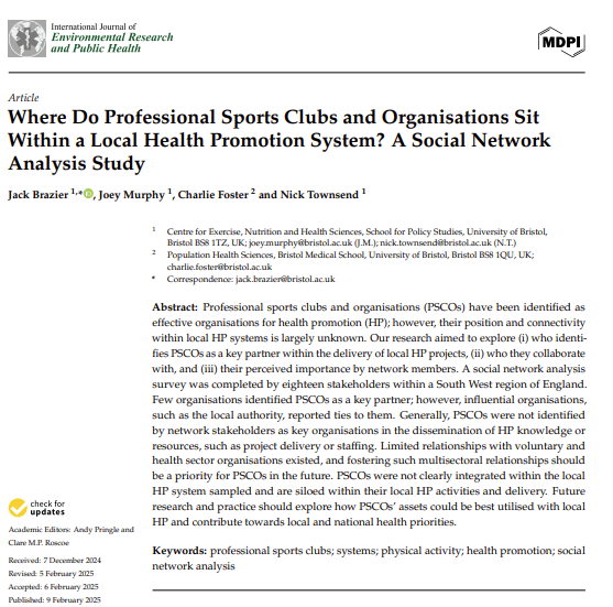 Joey Murphy (@joeyjmurphy) on Twitter photo 🚨 New publication from <a href="/UoBrisSPS/">UoBris PolicyStudies</a> PhD student Jack Brazier!
This work aimed to explore where professional sports clubs and organisations sit within the local health promotion system in South West England.
Access free here: doi.org/10.3390/ijerph… 🚨 New publication from <a href="/UoBrisSPS/">UoBris PolicyStudies</a> PhD student Jack Brazier!
This work aimed to explore where professional sports clubs and organisations sit within the local health promotion system in South West England.
Access free here: doi.org/10.3390/ijerph…