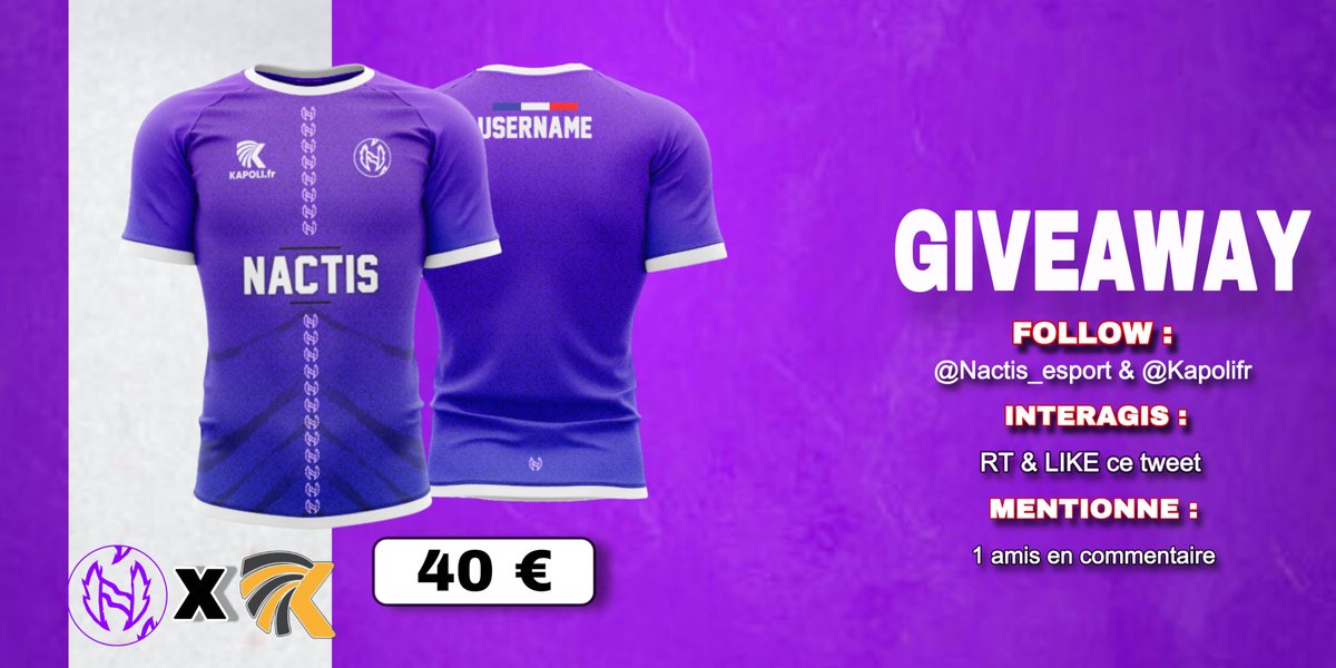 Grâce au succès de la vente de maillots, on a décidé avec <a href="/Kapolifr/">Kapoli.fr</a> de vous remercier en vous en faisant gagner 1 ! 🎁 

Pour participer :
- Follow : @nactis_esport &amp; <a href="/Kapolifr/">Kapoli.fr</a>
- Like &amp; RT ♻️❤️
- Mentionne 1 ami

GOOD LUCK ! 🍀
T.A.S : 28/02/2025 

#NactisWin 💜💙
