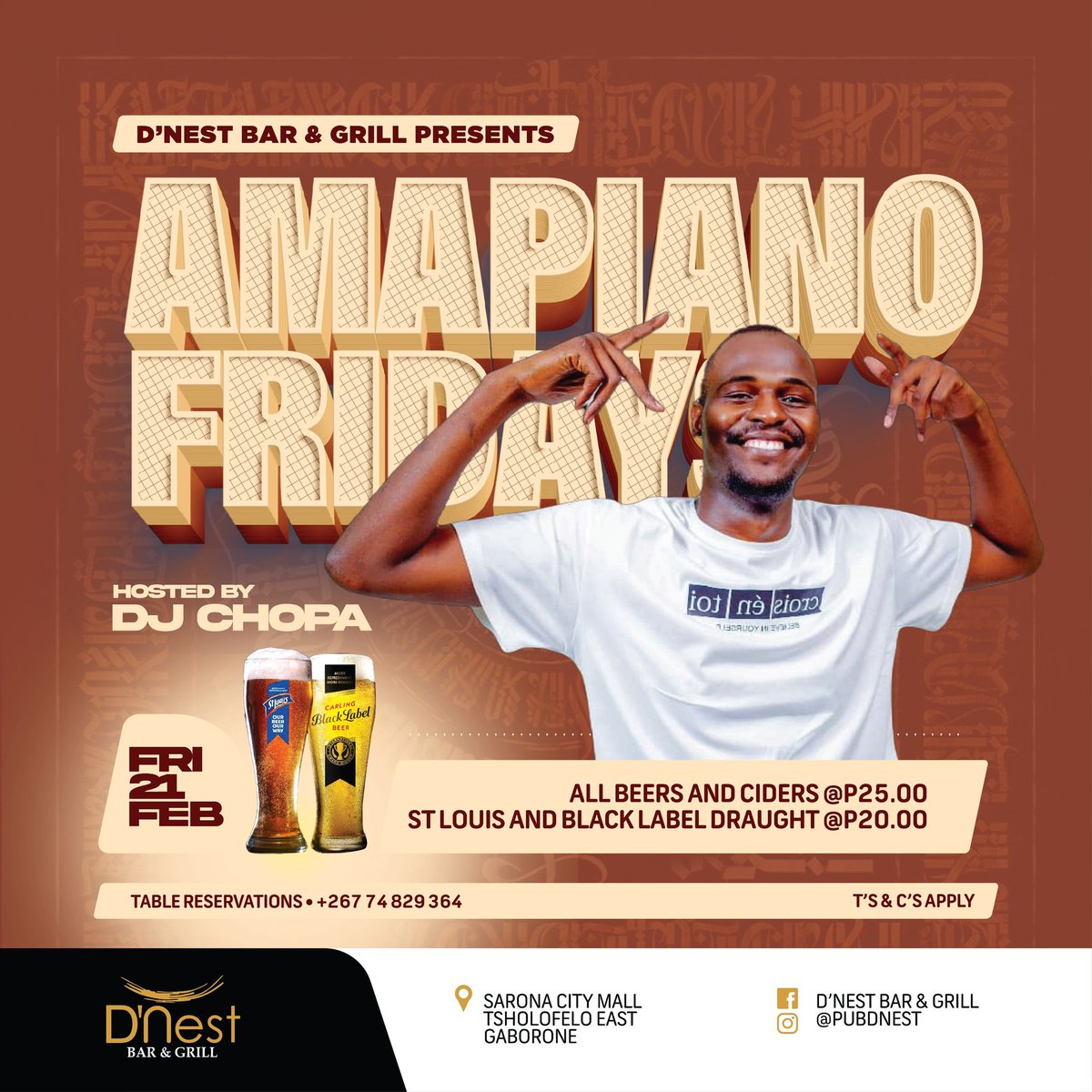 dj_chopa17's tweet photo. New Week, New Opportunities, New Ventures 🙌🏿

I’m excited to announce that I'll be hosting Amapiano Fridays at D'Nest Bar &amp; Grill  —Sarona Mall, Tsholofelo
Every Friday, we turn up the heat 🔥
Expect exclusive Amapiano sets, smooth grooves, and vibes
#Amapiano #Dnest #PianoPeople https://t.co/TnK4c5YFEb