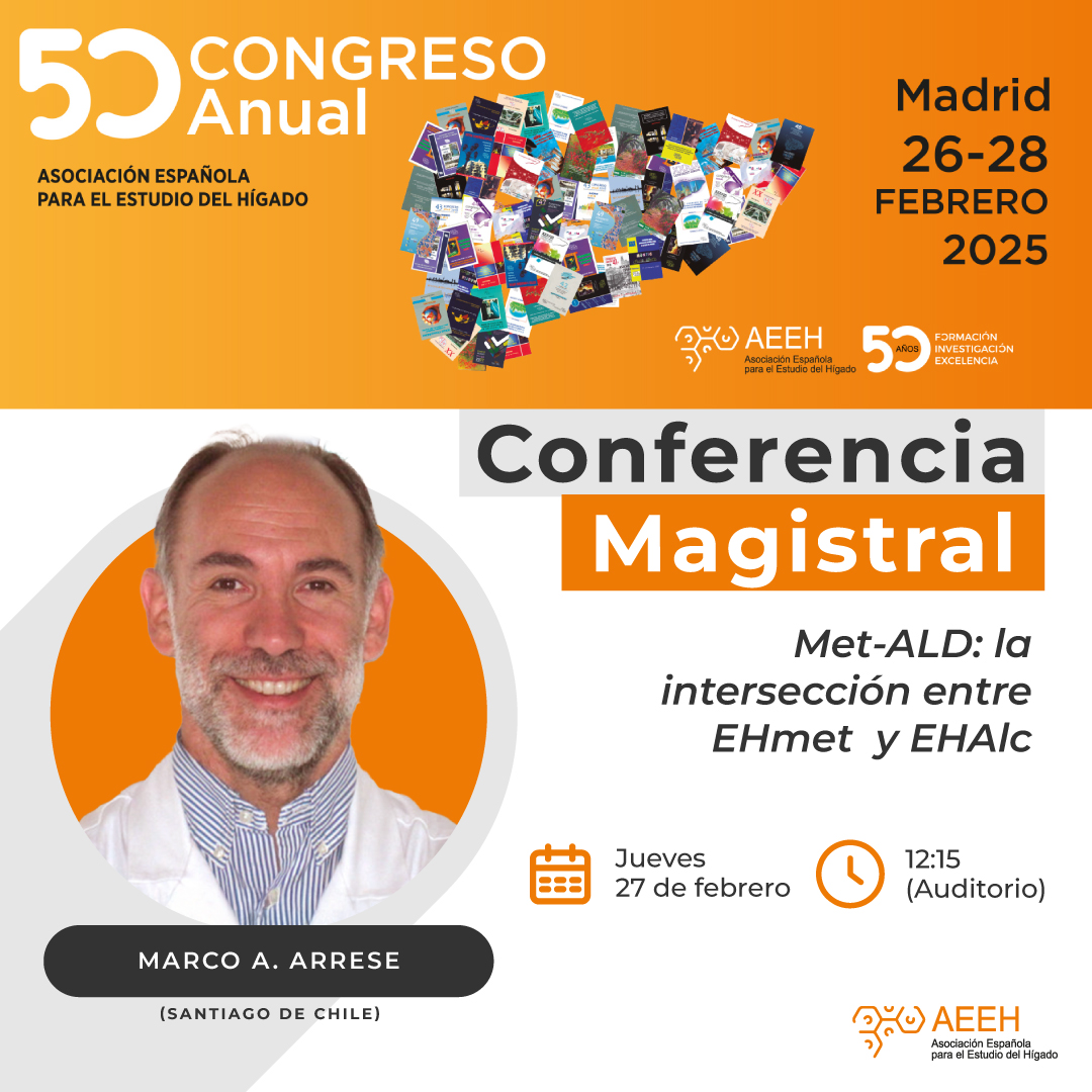 Asociación Española para el Estudio del Hígado (@aeehliver) on Twitter photo ⌛️¡Nuestro #50CongresoAEEH está a la vuelta de la esquina! Hay muchos platos fuertes preparados, como la #conferenciamagistral que nos ofrecerá el hepatólogo chileno <a href="/MarcoArreseMD/">Marco Arrese, MD</a>, sobre un tema de máxima actualidad: 'Met-ALD: la intersección entre #EHmet y #EHAlc.
📌Jueves 27, ⌛️¡Nuestro #50CongresoAEEH está a la vuelta de la esquina! Hay muchos platos fuertes preparados, como la #conferenciamagistral que nos ofrecerá el hepatólogo chileno <a href="/MarcoArreseMD/">Marco Arrese, MD</a>, sobre un tema de máxima actualidad: 'Met-ALD: la intersección entre #EHmet y #EHAlc.
📌Jueves 27,