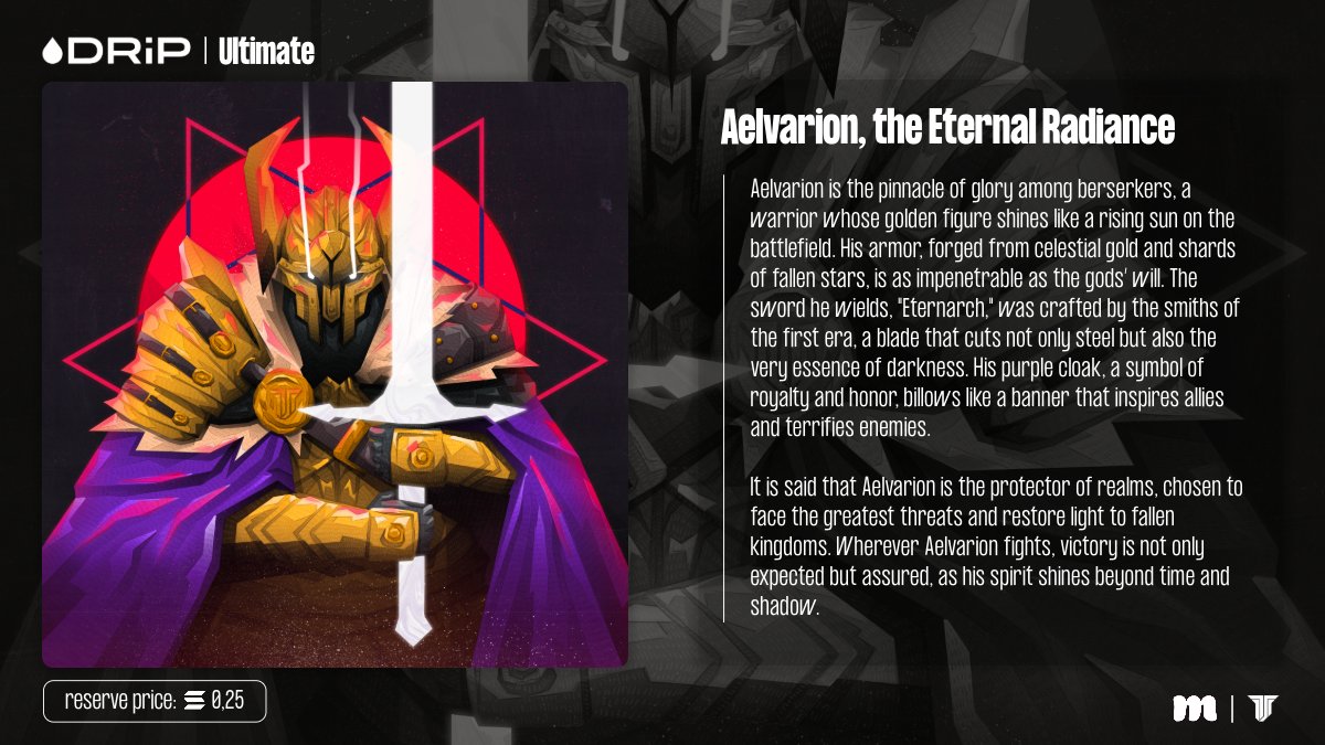 veterans_crew's tweet photo. This 1/1 DRiP Ultimate: Aelvarion, the Eternal Radiance from @veterans_labs hands is LIVE on @mallowdotart ⚔️🔥

🛡 The Eternal Vanguard – a legend forged in battle, now up for grabs.
💀 1/1 piece – no second chances.
💰 Reserve price: 0.25 SOL
⏳ Auction starts at 20:00h CET (UTC+1)

Claim your place in history.

Link below 👇