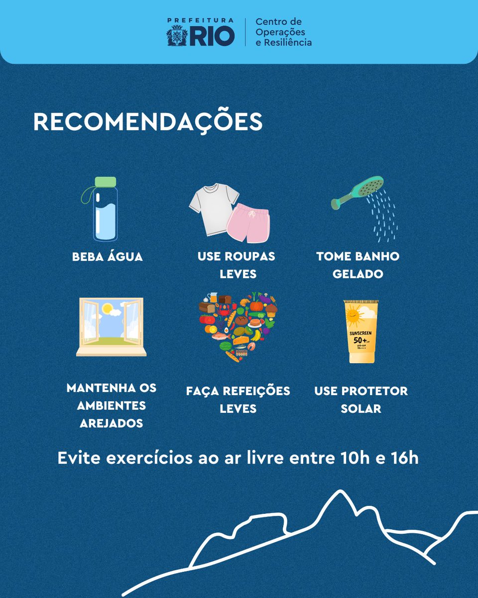 OperacoesRio's tweet photo. ☀️MÁXIMA PODE CHEGAR AOS 42°C NESTA SEGUNDA

Se liga, carioca! Mais um dia quente na cidade, com máxima prevista de 42°C.

Município segue no terceiro nível de calor (NC3);

💧Beba água
🍇Coma frutas
🩳Use roupas leves
🚴Evite exposição ao sol nos horários de picos

#CORInforma https://t.co/5pP9CMKALB