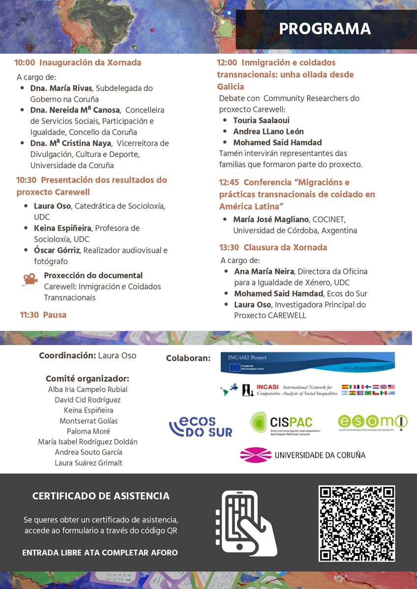 A non perder, o vindeiro venres 21 de febreiro, a Xornada CAREWELL:  INMIGRACIÓN, CUIDADOS Y DESIGUALDADES SOCIALES, que se desenvolverá no Salón de Graos da Facultade.