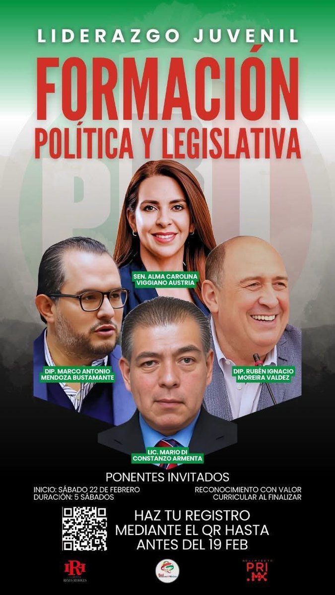¡Súmate al curso Liderazgo Juvenil! 💪🇲🇽 

Fortalece tu formación política y legislativa con líderes del PRI. 

Iniciamos el 22 de febrero. 📅 

Inscríbete antes del 19 de febrero aquí: docs.google.com/forms/d/e/1FAI… 📲 Info: 771 118 65 66.

#PRIEvoluciona #SomosReyesHeroles #SomosPRI