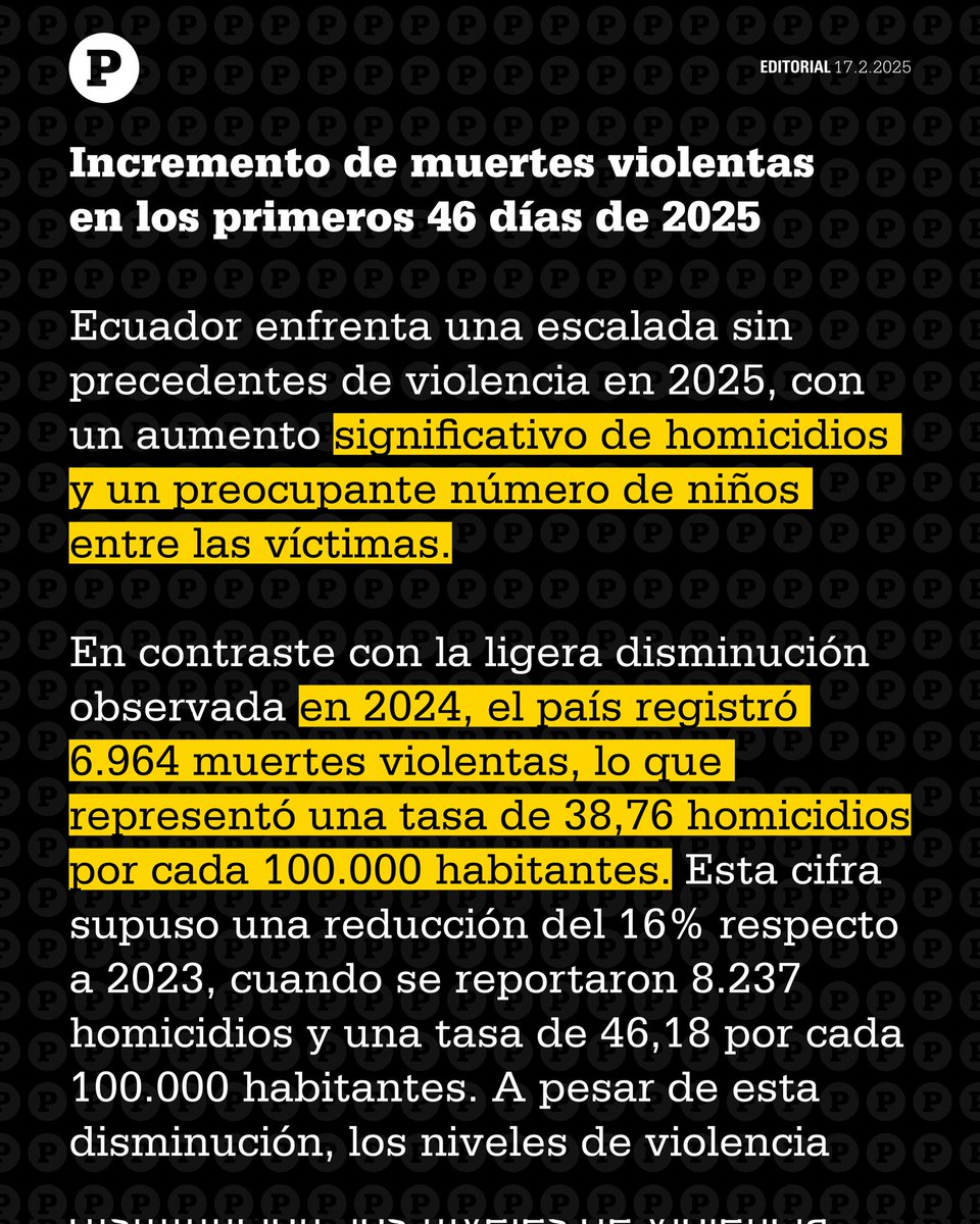 papermdigital's tweet photo. #Editorial 

Incremento de muertes violentas en los primeros 46 días de 2025

En enero se contabilizaron al menos 731 asesinatos, 229 más que en el mismo mes de 2024... 63 niños de entre 0 y 10 años han sido asesinados, representando el 6% del total de muertes violentas del país. https://t.co/3tYNeIaED9