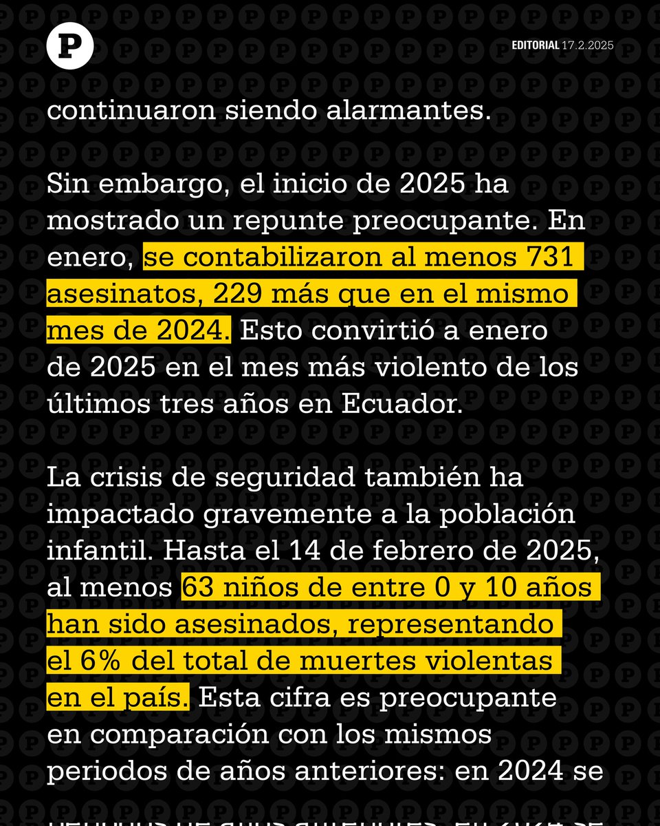 papermdigital's tweet photo. #Editorial 

Incremento de muertes violentas en los primeros 46 días de 2025

En enero se contabilizaron al menos 731 asesinatos, 229 más que en el mismo mes de 2024... 63 niños de entre 0 y 10 años han sido asesinados, representando el 6% del total de muertes violentas del país. https://t.co/3tYNeIaED9