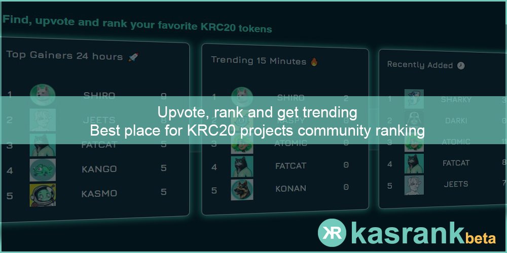 #kasrank backend update is completed🎉
We apologize if you occur any issues while voting.
You can upvote your favorite #KRC20 project!

<a href="/SHIRO_KASPA/">SHIRO</a> <a href="/Atomic_KRC20/">ATOMIC</a> <a href="/Burtonkas_/">Burt</a> <a href="/DagKnightDog/">DagKnight Dog</a> <a href="/TheGhostDagFox/">FOMOON</a> <a href="/GhoadCoin/">GHOAD 👻🐸</a> <a href="/kroakONkaspa/">KROAK</a> <a href="/sharky2onkas/">SHARKY</a> <a href="/Kyro_on_Kas/">Kyro</a> <a href="/KOMET_ON_KASPA/">Komet</a> 

$KAS