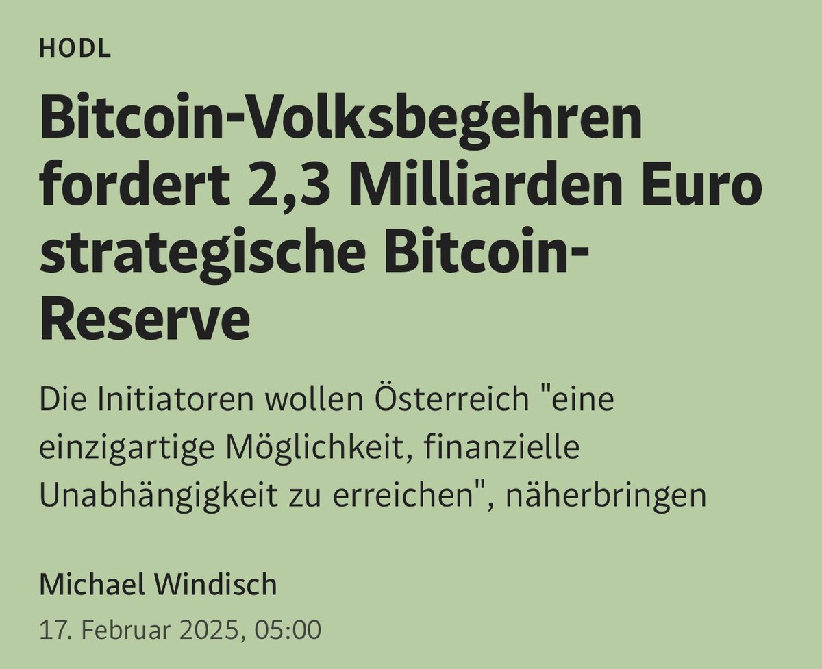 To all my fellow Austrians: Sign the petition to establish a Strategic #Bitcoin Reserve for Austria. 🇦🇹

Alle Infos: bitcoin-volksbegehren.at