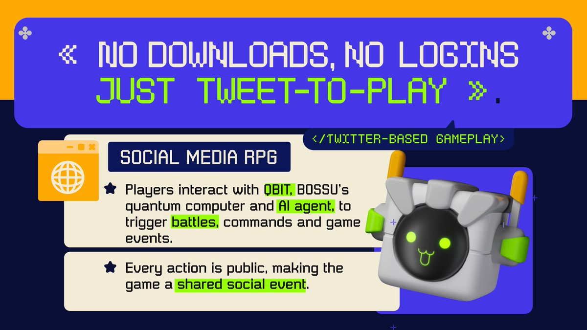 bossu_online's tweet photo. WHAT IS QBOTS? 💫

QBOTS is a social media RPG where players battle in AI-driven matches and shape the game in real time. No downloads, no logins, just tweet-to-play.

Exclusive to Employee Card Holders. Alpha test starts this week—may the best employee win! https://t.co/5nZqQ6Pa8w