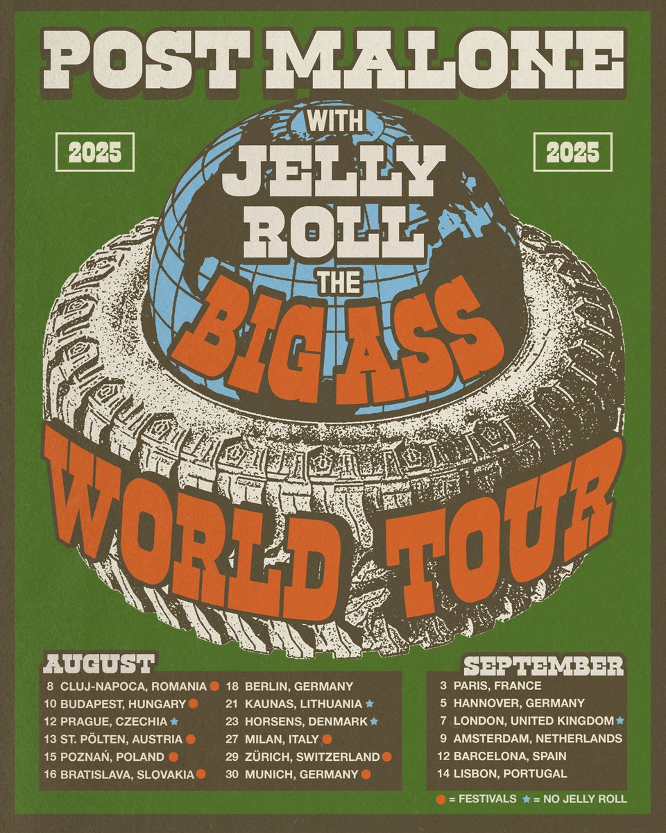 Post Malone (@postmalone) on Twitter photo The BIG ASS World Tour with <a href="/JellyRoll615/">Jelly Roll</a>!!! Love you all 🍻 Tickets and info at postmalone.com/shows The BIG ASS World Tour with <a href="/JellyRoll615/">Jelly Roll</a>!!! Love you all 🍻 Tickets and info at postmalone.com/shows