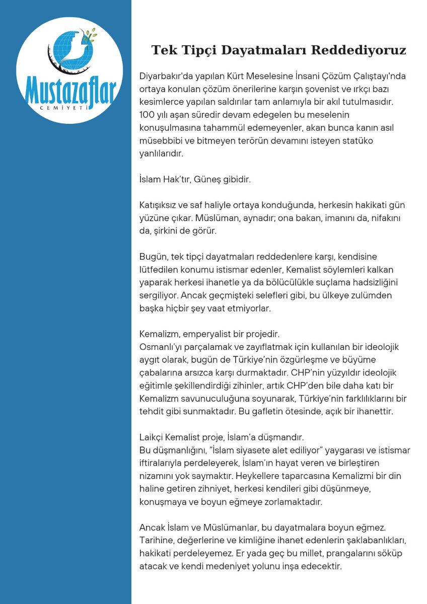 TEK TİPÇİ DAYATMALARI REDDEDİYORUZ!

Diyarbakır'da yapılan Kürt Meselesine İnsani Çözüm Çalıştayı'nda ortaya konulan çözüm önerilerine karşın şovenist ve ırkçı bazı kesimlerce yapılan saldırılar tam anlamıyla bir akıl tutulmasıdır. 100 yılı aşan süredir devam edegelen bu