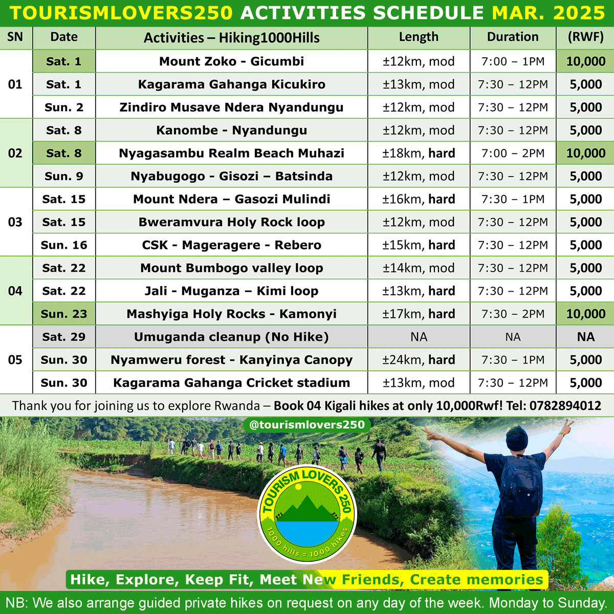 TourismloversRw's tweet photo. Here is what is coming up this March 2025 !!!
💚☀️🥾🤩✌🏼💯
Call/Whatsapp us now +250782894012 to join.
#visitrwanda_now #landofthousandhills #hikingtours #kigalioutdoors #hikinginkigali #hikinginrwanda #tourismlovers #tourismlovers250 https://t.co/ckHgeFhG7m