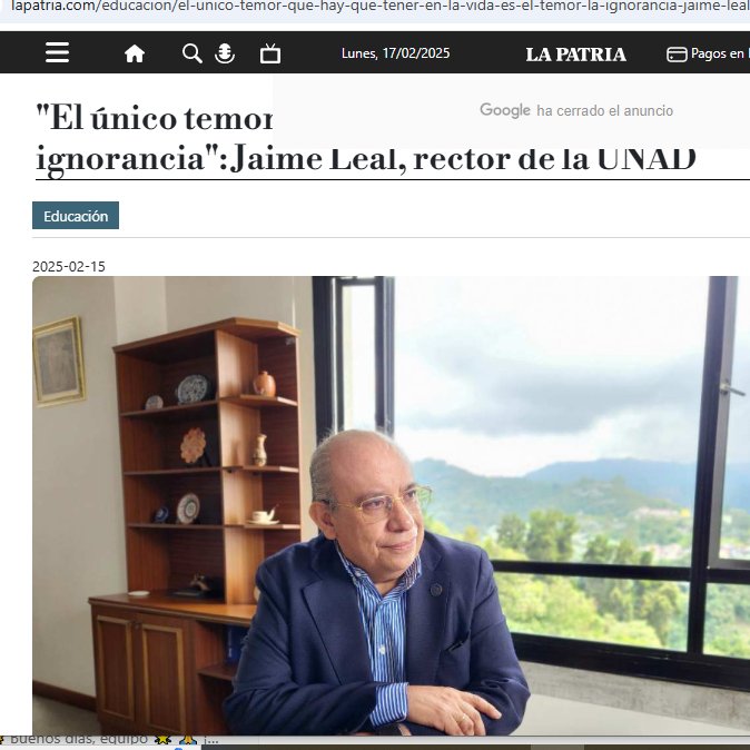 #ELOIRInvita No te pierdas la entrevista en el diario 
<a href="/lapatriacom/">Periódico LA PATRIA</a> que dio el Maestro Rector de la <a href="/UniversidadUNAD/">Universidad UNAD</a>  Jaime Leal Afanador , también  presidente de <a href="/acesadCol/">ACESAD</a>, sobre el panorama de las universidades, los retos y el paso a las nuevas demandas educativas