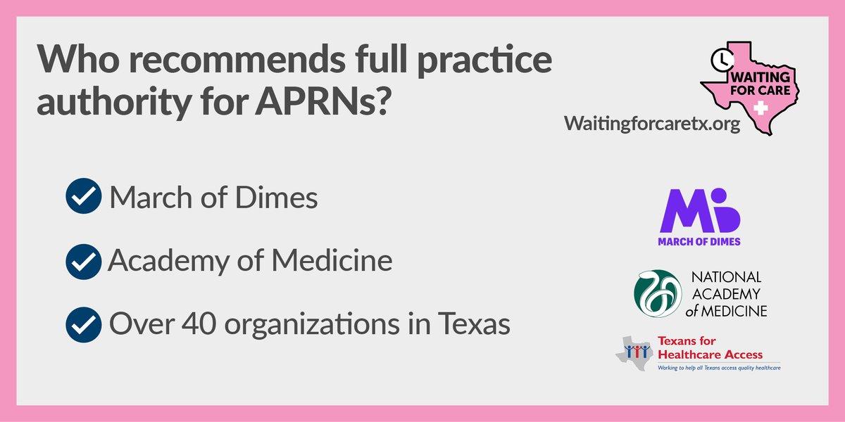 Full practice authority for APRNs is supported on both sides of the aisle &amp; by leading policy organizations, healthcare stakeholders, &amp; more than 40 orgs right here in Texas. That's because it's the right thing to do for patients. No more #WaitingforCareTx. #HEALTexans #txlege