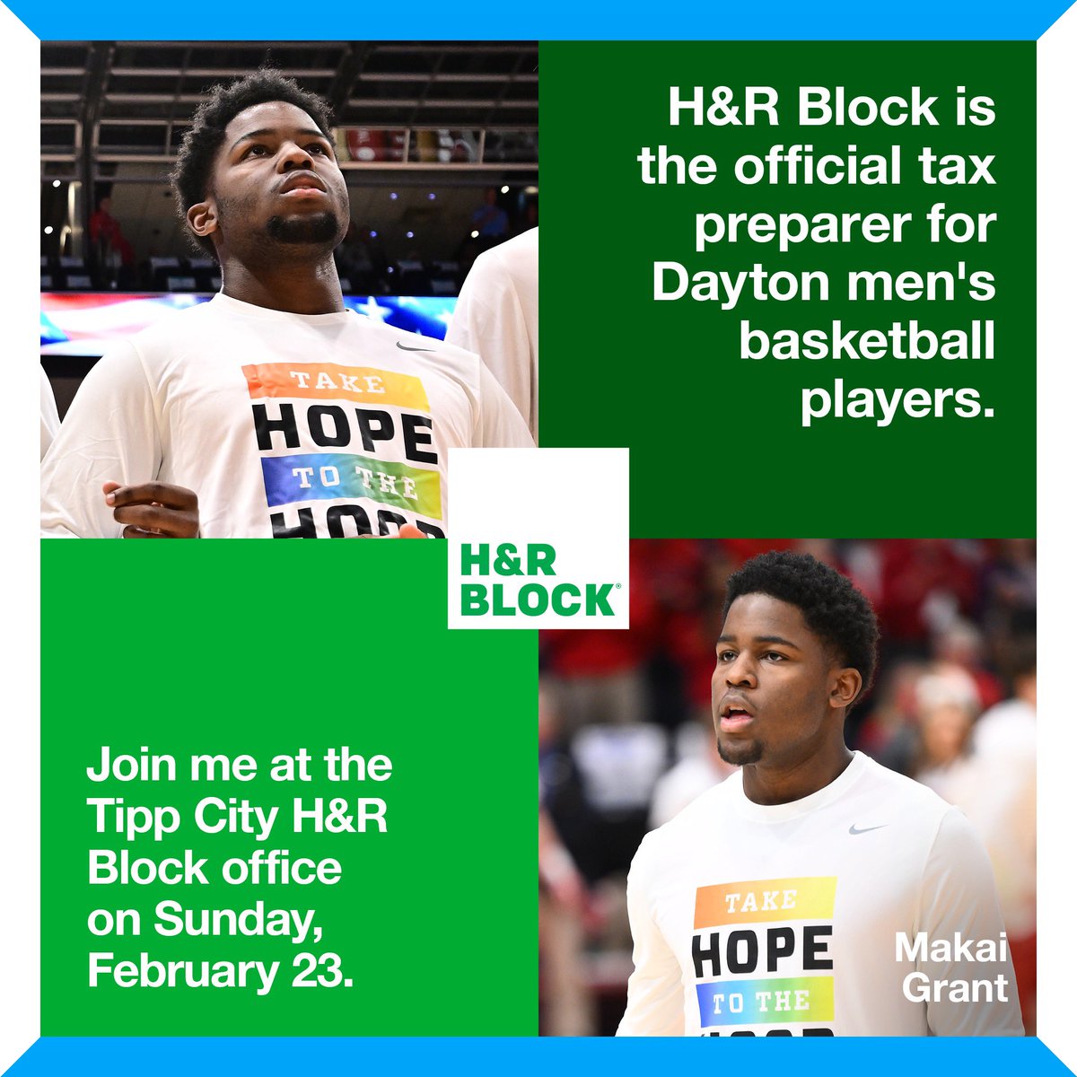 Excited to join a few of my <a href="/DaytonMBB/">Dayton Basketball</a> teammates for this awesome opportunity to connect with fans, take pictures, and sign autographs. 

We appreciate the continued support from <a href="/HRBlock/">H&R Block</a>. See you on February 23!

Learn more &amp; RSVP by tapping here: dayton6th.com/hrb