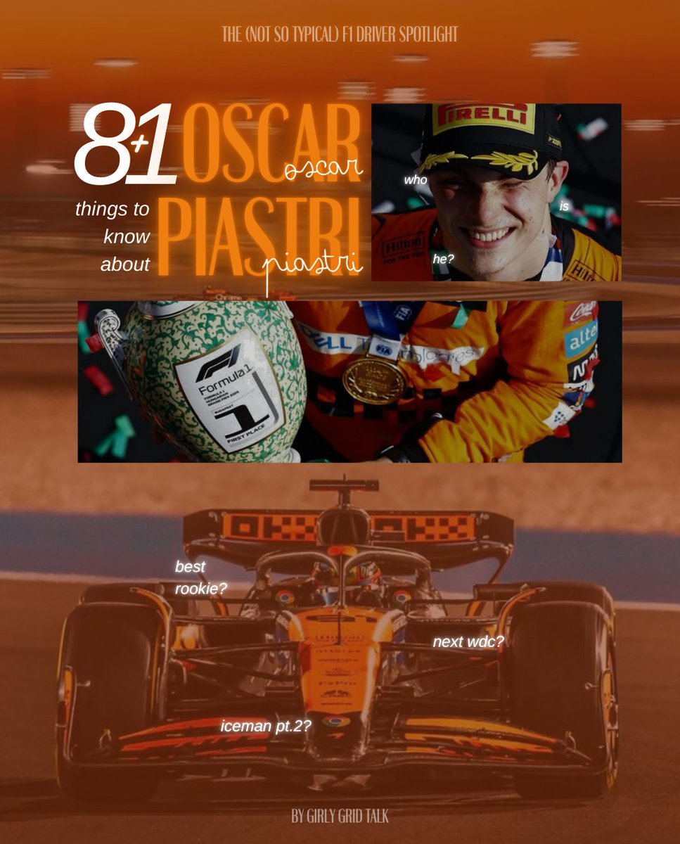 GirlyGridTalk's tweet photo. 8+1 Fun Facts About Oscar Piastri You Need to Know! ποΈ
If fans wrote Oscarβs Wikipedia page, this would be it. π
#oscarpiastri #F1 #F12024 #F12025 #Formula1 #F1contentcreator #motorsport #charlesleclerc #yukitsunoda #mclarenf1 #frederikvesti #logansargeant #F2 https://t.co/acpjIBIBBt