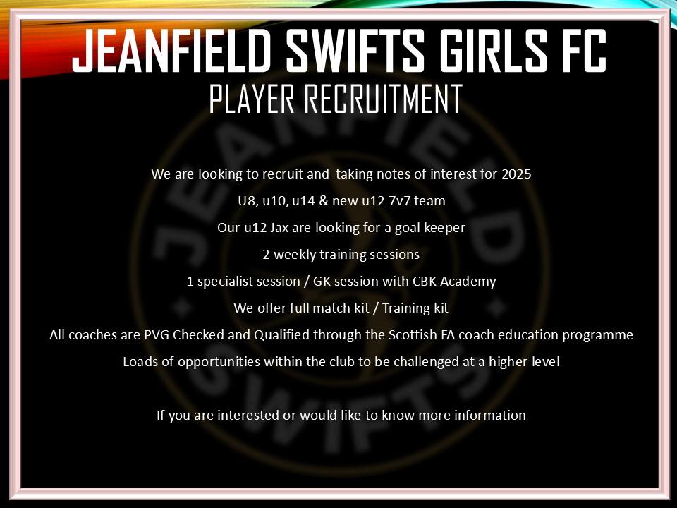 Jeanfield Swifts Girls FC (@jeanfieldgirls) on Twitter photo Player Recruitment.
We are looking to strengthen our squads at u8, u10 u14 and a new u12 7v7 team.
Our u12 Jax are looking for a goal keeper
Interested ?
Please get in touch for more information.
#Jeanfieldgirls #ojaj
<a href="/GirlsResults/">Scottish Football Results - Girls/Women</a> <a href="/InchViewPS/">Inch View Primary & Nursery School</a> <a href="/InchturePrimary/">Inchture Primary</a> <a href="/InchNorth/">North Inch Muirton Community Council</a> Player Recruitment.
We are looking to strengthen our squads at u8, u10 u14 and a new u12 7v7 team.
Our u12 Jax are looking for a goal keeper
Interested ?
Please get in touch for more information.
#Jeanfieldgirls #ojaj
<a href="/GirlsResults/">Scottish Football Results - Girls/Women</a> <a href="/InchViewPS/">Inch View Primary & Nursery School</a> <a href="/InchturePrimary/">Inchture Primary</a> <a href="/InchNorth/">North Inch Muirton Community Council</a>