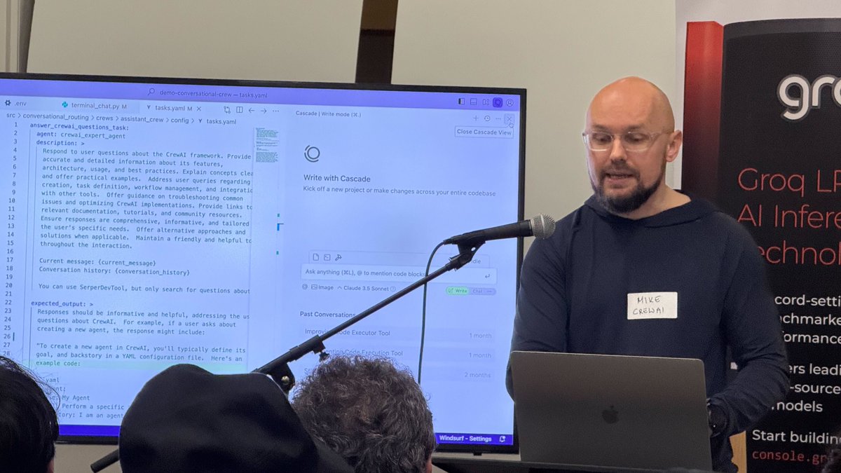 GroqInc's tweet image. 💪 Mike Plachta demoed @crewAIInc's intelligent ticket support system, designed to streamline and automate responses to customer support requests.  
💪 Patricia Wei demoed translation using Groq and streaming APIs with @flutterflow  
Subscribe to find out about our next meetups -…