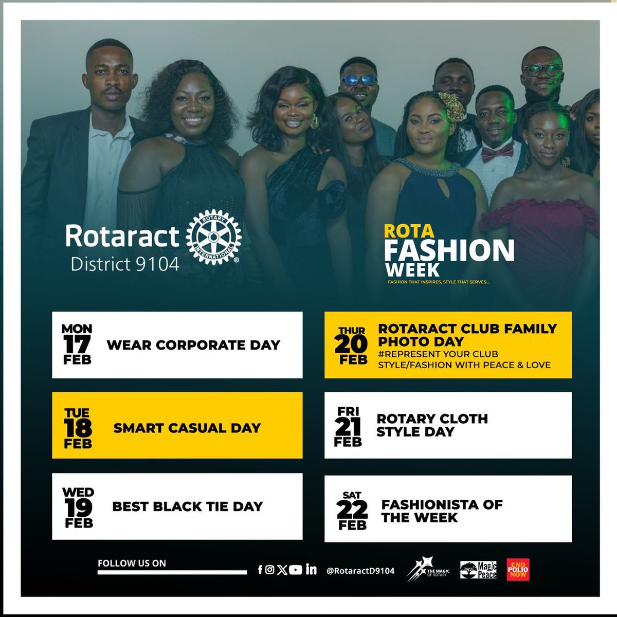 ROTARACT D9104 FASHION WEEK 👔👗

6 themed days: Dress up, share your best looks on our social media platforms especially IG l1nk.dev/Q1ygL😍📸

Don’t miss the fun! Follow our social media to stay updated.

FASHION THAT INSPIRES, STYLE THAT SERVES

#Rotafashionweek