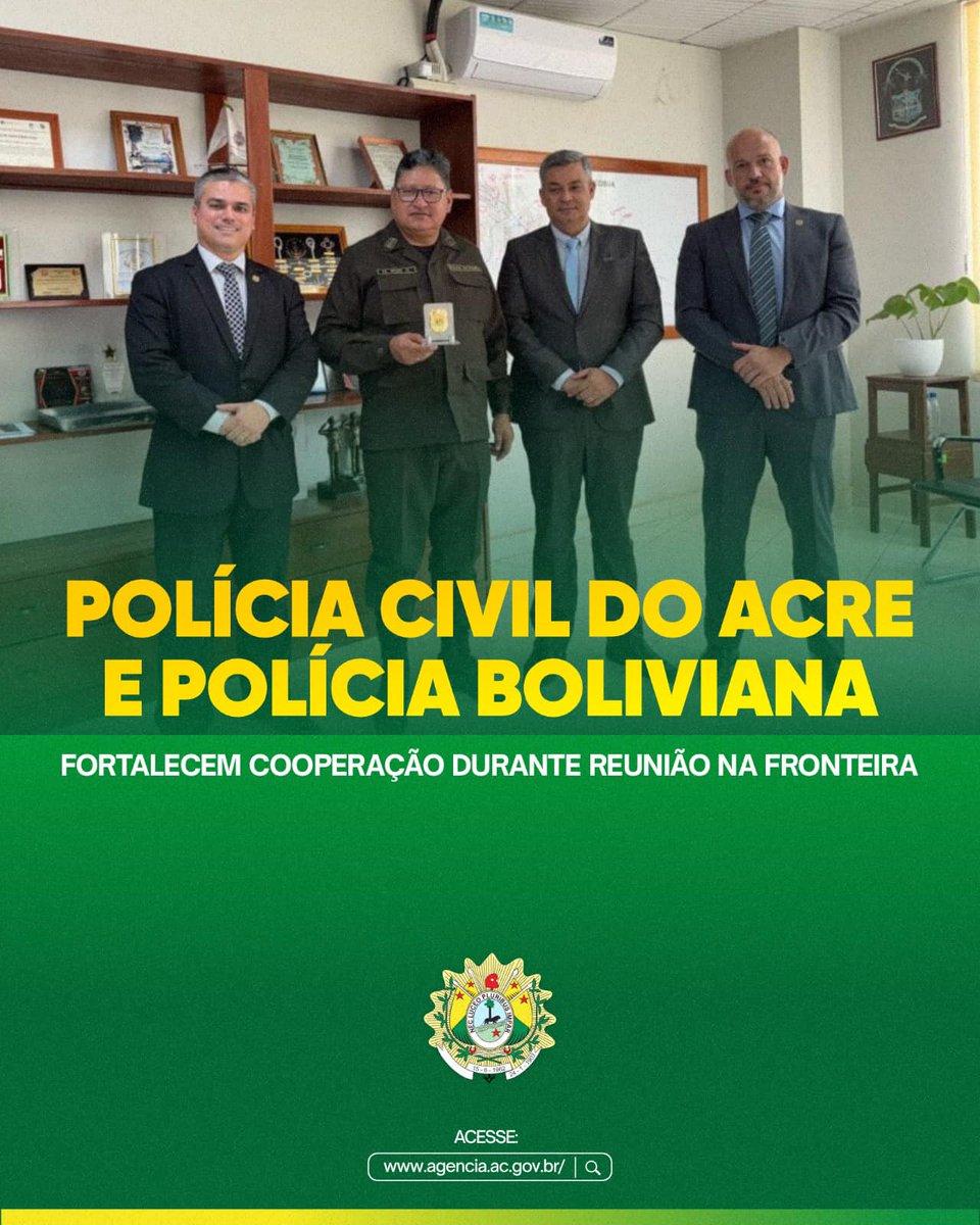 GovernoAcre's tweet photo. Na última sexta-feira, 14, a Polícia Civil do Acre, representada pelo delegado adjunto Cleylton Videira, pelo diretor de Polícia da Capital e do Interior, Pedro Paulo Buzolin, e pelo diretor de Inteligência, Nilton Boscaro, se reuniu com o comandante da Polícia Boliviana em Cobija, capital do Departamento de Pando.🚨🚓