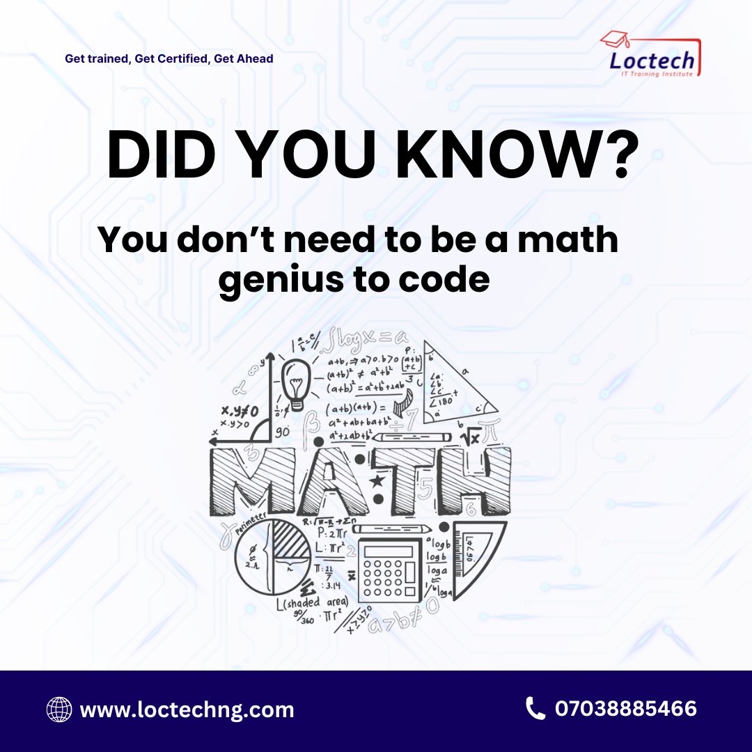 loctechtraining's tweet image. While basic logic and problem-solving skills help, coding is more about creativity and practice than complex equations.
So, if numbers scare you, don’t worry; start coding and have fun!
#CodingForBeginners #LearnToCode #ProgrammingMyths #TechFacts #CodeNewbie #loctechcoding #dyk