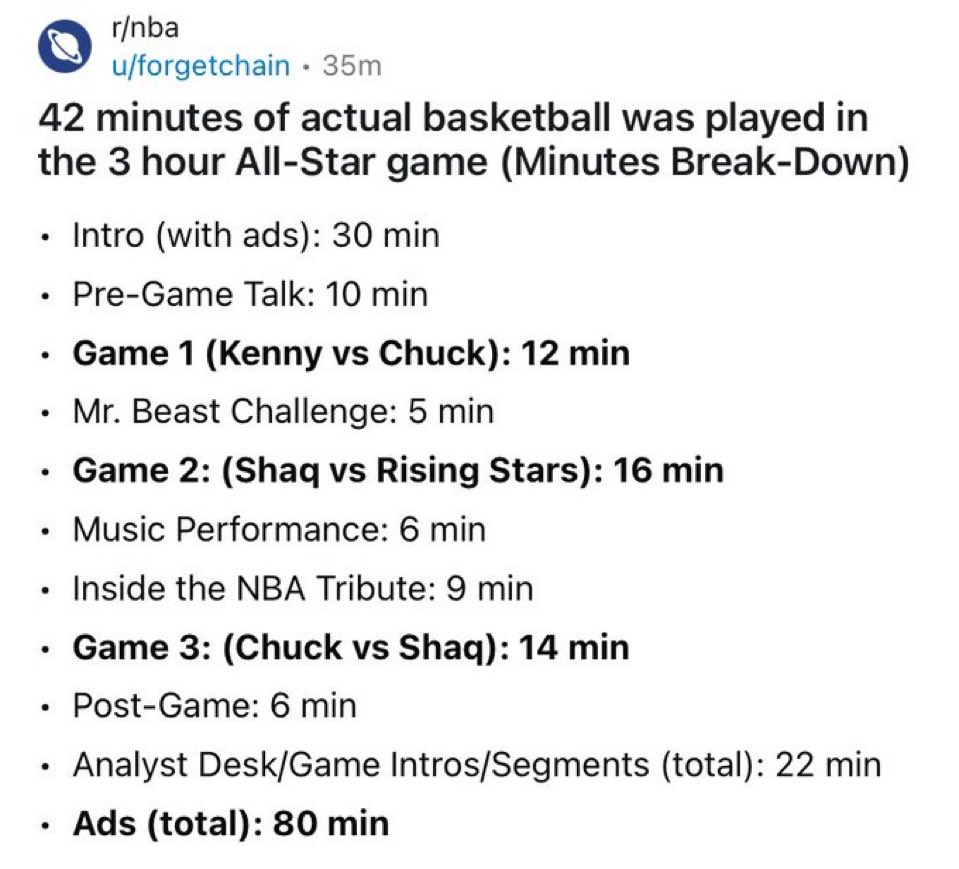 NBA przechodzi lekki kryzys, a All Star Game schodzi na psy. 
Co na to Adam Silver?
Zorganizował 3-godzinny event, gdzie gwiazdy koszykówki łącznie zagrały przez  42 minuty, a reklamy trwały 80…
