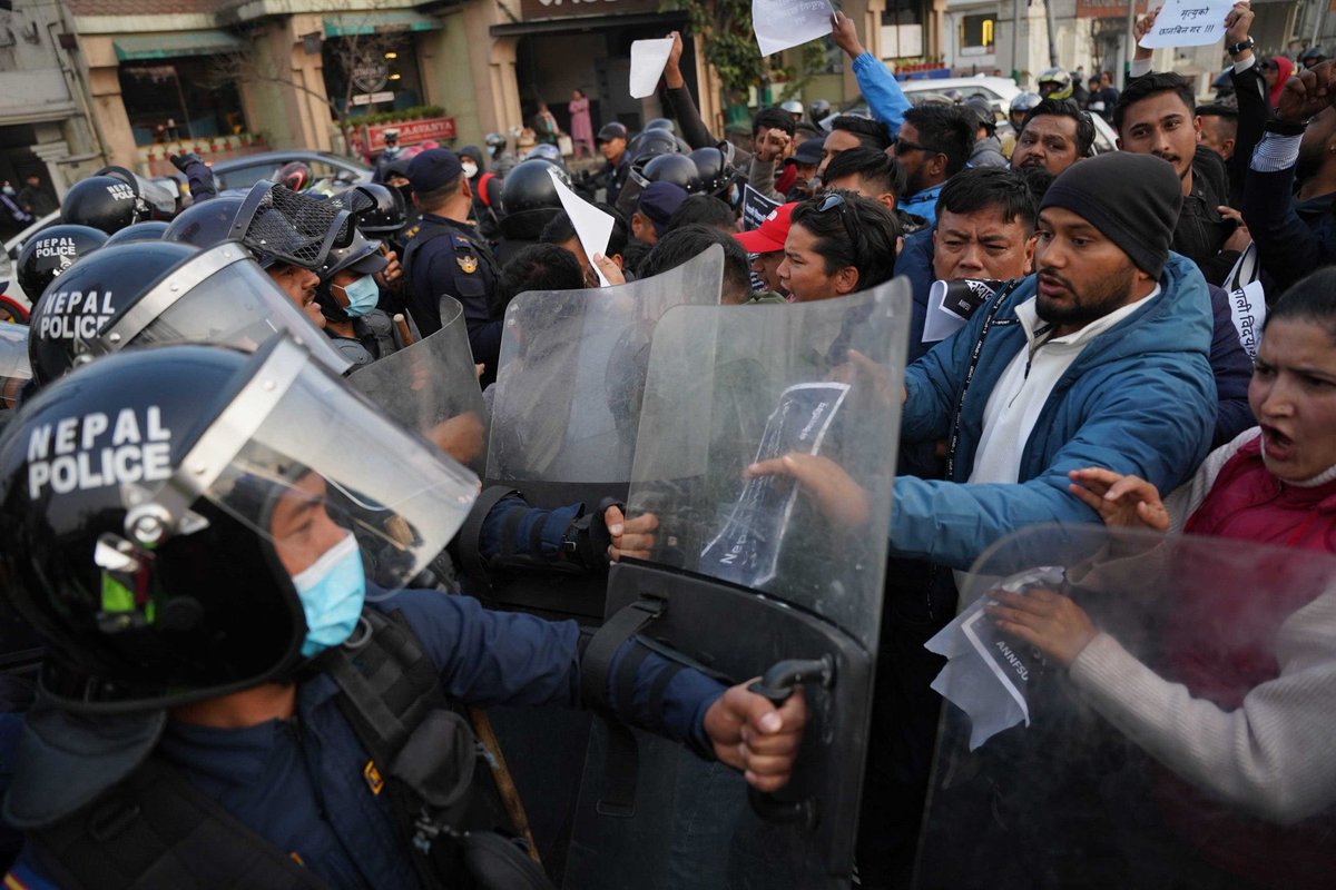 AdityaRajKaul's tweet photo. #BREAKING: Nepali students protest outside the Indian Embassy in Kathmandu after mistreatment faced by students at KIIT University in Odisha, India. Prakriti Lamsal, a third-year B Tech student from Nepal, died by suicide at the University after facing molestation by a student. https://t.co/iIfx78RaW5