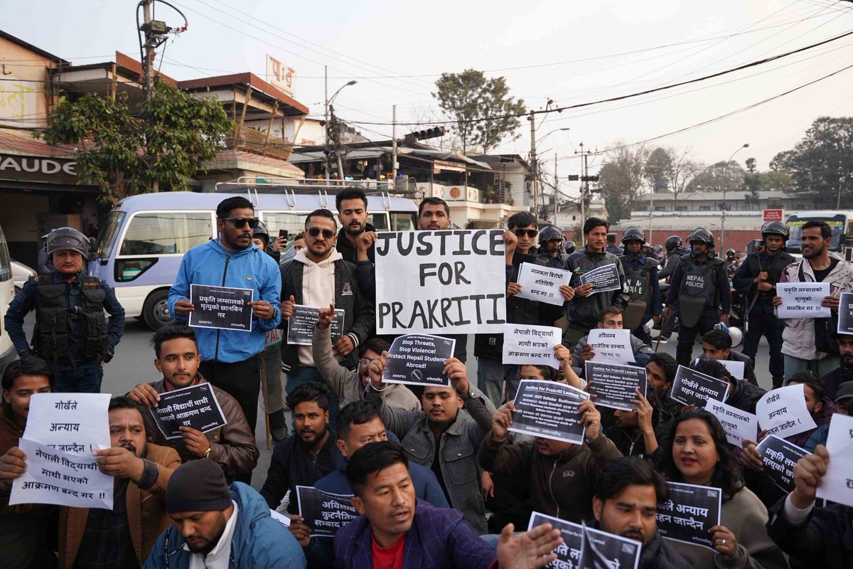 AdityaRajKaul's tweet photo. #BREAKING: Nepali students protest outside the Indian Embassy in Kathmandu after mistreatment faced by students at KIIT University in Odisha, India. Prakriti Lamsal, a third-year B Tech student from Nepal, died by suicide at the University after facing molestation by a student. https://t.co/iIfx78RaW5