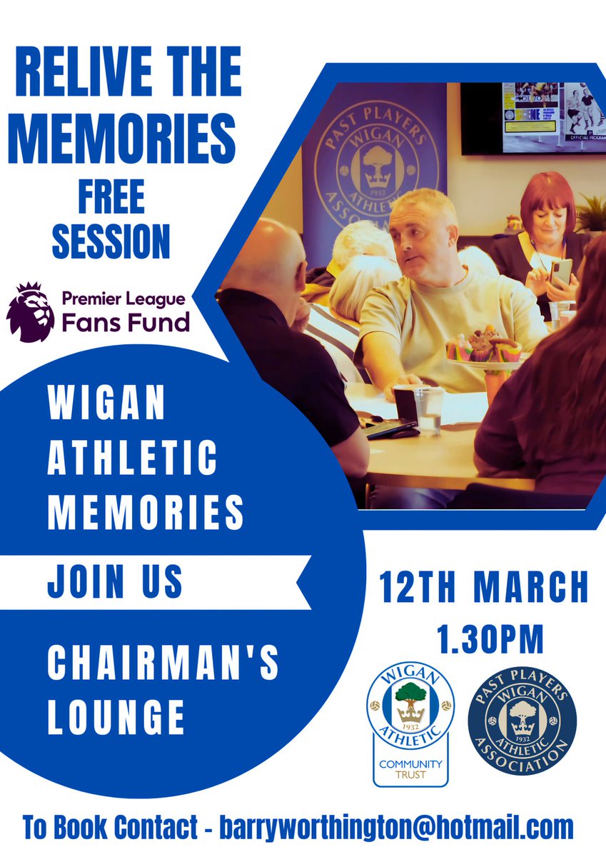 𝗪𝗶𝗴𝗮𝗻 𝗔𝘁𝗵𝗹𝗲𝘁𝗶𝗰 𝗠𝗲𝗺𝗼𝗿𝗶𝗲𝘀

Less than a week since our last session, but we're already looking ahead to the 12 March for what promises to be another great event

Refreshments provided and completely free, email address below to book 

#wafc           👇