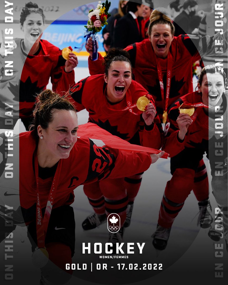 TeamCanada's tweet photo. On This Day At Beijing 2022, Team Canada reclaimed the Olympic gold medal in women's ice hockey — its 5th all time. 🥇

"Captain Clutch" Marie-Philip Poulin became the 1st hockey player to score a goal in 4 Olympic gold medal games. 🇨🇦 https://t.co/UzHhWoDSUb