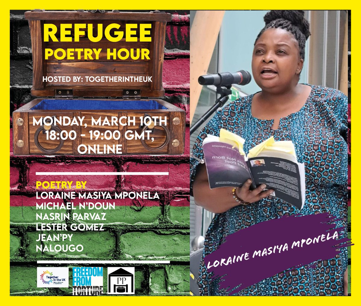 TogetherintheUK (@togetherintheuk) on Twitter photo Refugee Poetry Hour Book Now!
A night of poetry and stories honoring refugee resilience and hope.
March 10th 18:00 - 19:00 Online
Check out buff.ly/3X5NYbQ for Loraine
Register here: buff.ly/414Liwq
TogetherInTheUK @FreefromFromTorture <a href="/lorainemponela/">Loraine Masiya Mponela</a> Refugee Poetry Hour Book Now!
A night of poetry and stories honoring refugee resilience and hope.
March 10th 18:00 - 19:00 Online
Check out buff.ly/3X5NYbQ for Loraine
Register here: buff.ly/414Liwq
TogetherInTheUK @FreefromFromTorture <a href="/lorainemponela/">Loraine Masiya Mponela</a>