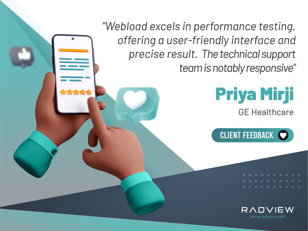 RadViewSoftware's tweet photo. "WebLOAD excels in performance testing with an intuitive interface & accurate results. Plus, their responsive tech support is top-notch!" – Priya Mirji, GE Healthcare.
Optimize your app’s performance today! 🚀 https://t.co/T5horbVKID
#RadView #WebLOAD https://t.co/zoe89Ww2fA