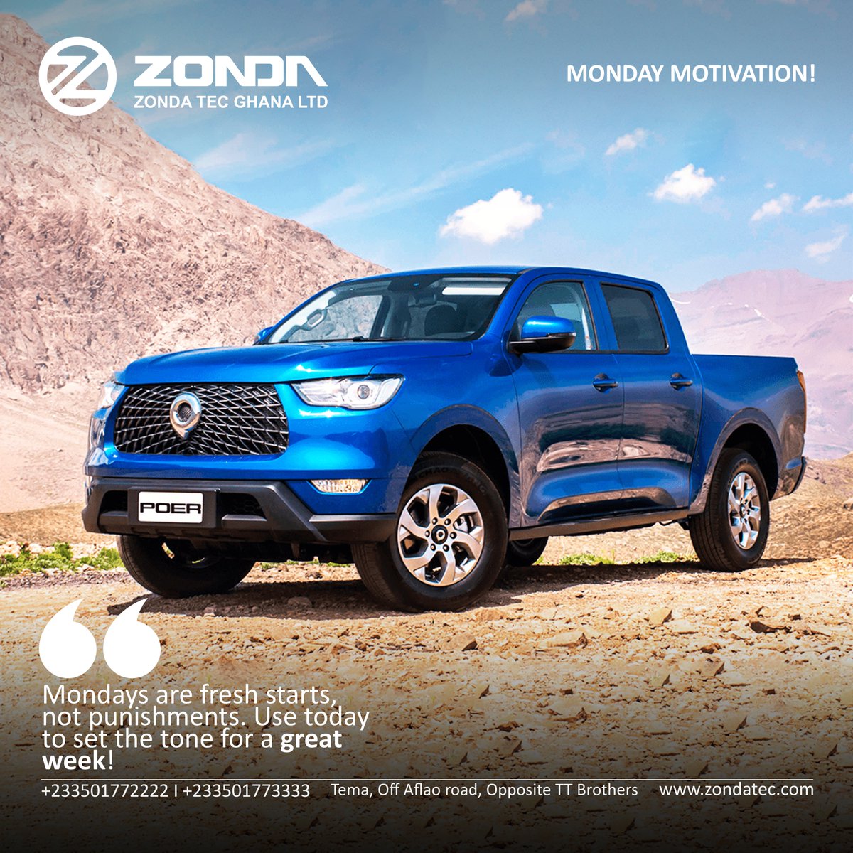 Zondatecghana's tweet photo. Power through the week with the strength and reliability of the GWM Poer! Just like this powerhouse, tackle every challenge with confidence and determination. #motivationmonday #GWMPoer #PowerToConquer https://t.co/vxMpGjo2mB