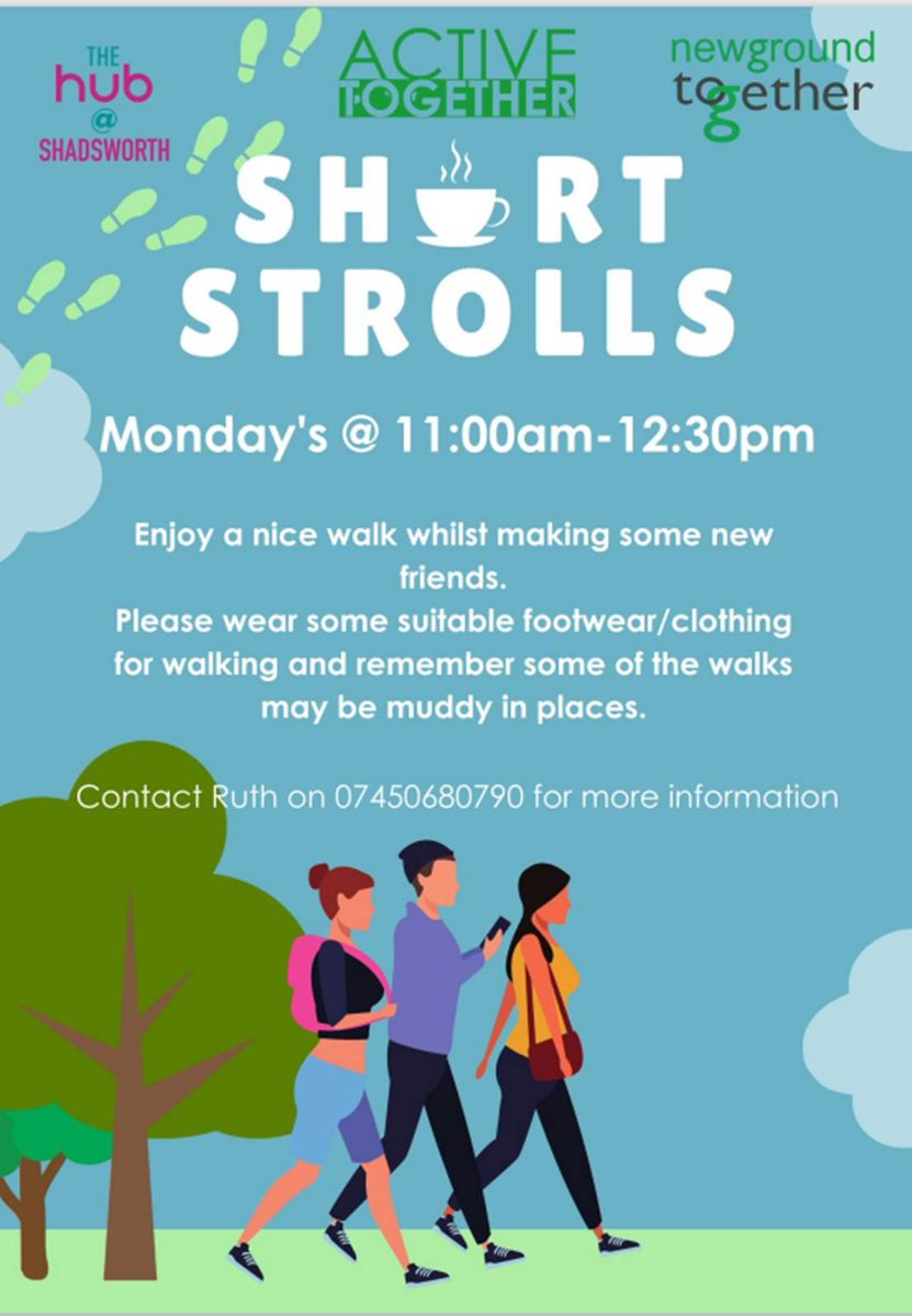 Get Active this Winter ❄️🚶‍♀️
 
Come along to this low level and accesible short stroll with Ruth from The Hub At Shadsworth. 
📅Every Monday (from the 13th January) 
⌚11:00am - apx 1:00pm
🥗Lunch included afterwards 

To book yor place contact Ruth on 07450680790 📱