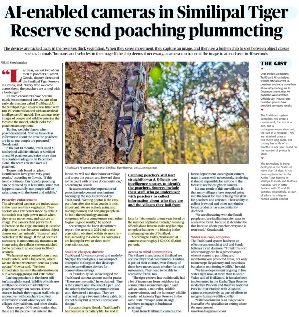 imRavikantYadav's tweet photo. 'AI- enabled cameras in Simlipal Tiger Reserve send poaching plummeting'

:Details by Sh Nikhil Sreekandan 
@nikhil_2992 

#TrailguardAI
#ArtificialIntelligence #Camera 
#Simlipal #TigerReserve 
#poaching #forest 
#Law #Enforcement 
#wildlife #protection #conservation

#UPSC https://t.co/nQVnYB52rG