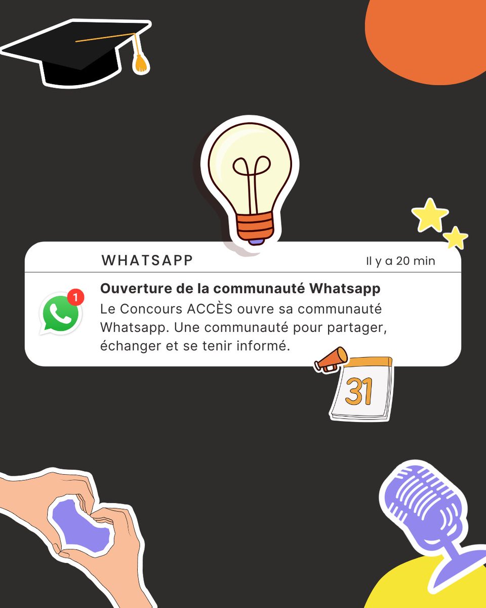 Concours ACCES (@concoursacces) on Twitter photo 📢 Grande nouvelle ! Le Concours ACCÈS arrive sur WhatsApp 
Rejoins notre toute nouvelle communauté WhatsApp pour :
✅ Des conseils et astuces exclusifs pour réussir tes épreuves 
✅ Un SAVE THE DATE pour ne manquer aucune étape clé du concours
🔗chat.whatsapp.com/DbXRx48CegUCJ1… 📢 Grande nouvelle ! Le Concours ACCÈS arrive sur WhatsApp 
Rejoins notre toute nouvelle communauté WhatsApp pour :
✅ Des conseils et astuces exclusifs pour réussir tes épreuves 
✅ Un SAVE THE DATE pour ne manquer aucune étape clé du concours
🔗chat.whatsapp.com/DbXRx48CegUCJ1…