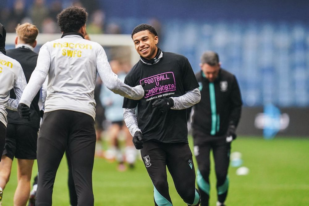 Sheffield Wednesday player Shea Charles is wearing a Football v Homophobia warm-up T-shirt before a designated matchday at Hillsborough Stadium.