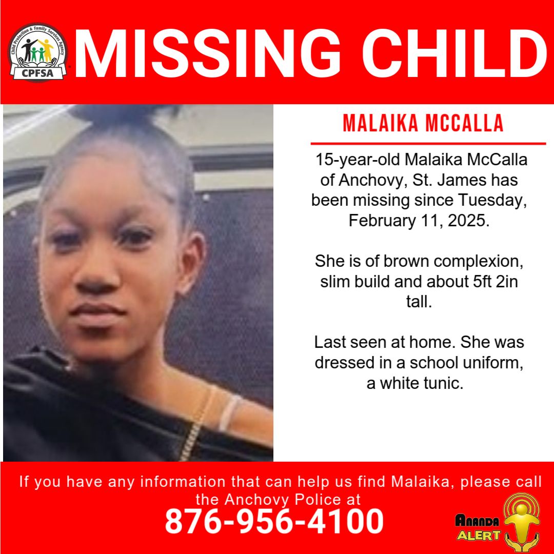 cpfsajm's tweet photo. AnandaAlert #FindMalaika

Malaika McCalla, a 15-year-old from Anchovy, St. James has been reported missing. She was last seen on Tuesday, February 11, 2025. 

If you have any information to assist in her safe return, contact the Anchovy Police or the CPFSA. https://t.co/HRVkjheQl5