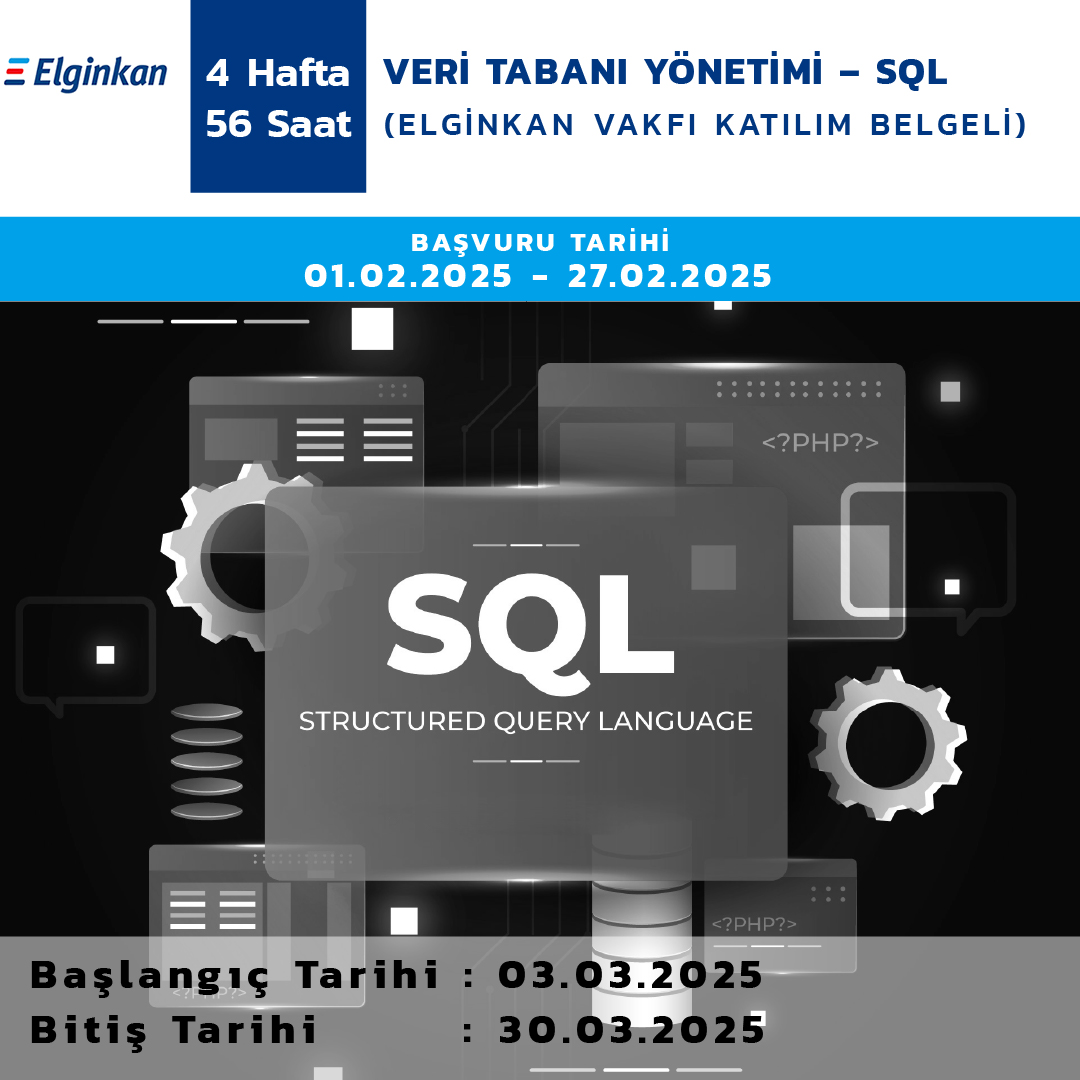 3 Mart Pazartesi günü başlayacak ve 4 Hafta 56 saat sürecek Veri Tabanı Yönetimi – SQL uzaktan eğitim kursumuz için son başvuru 27 Şubat Perşembe günüdür.

Kayıt işlemlerinizi web sitemiz üzerinden gerçekleştirebilirsiniz.

Başvuru linkleri:
basvuru.aemtem.org.tr
