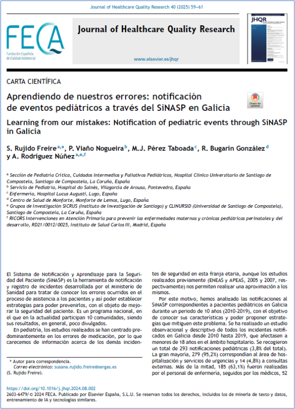 JHealthQualityR's tweet photo. 📰 Aprendiendo de nuestros errores: notificación de eventos pediátricos a través del SiNASP en Galicia
✏️Carta Científica S Rujido Freire @JHealthQualityR #RevistaSECA #JHQR
👉 https://t.co/TJTZCI9BRJ
✅ #CalidadAsistencial #Notificacion #SiNASP #Pediatria #ErrorDeMedicacion https://t.co/lY2vuuqAqv