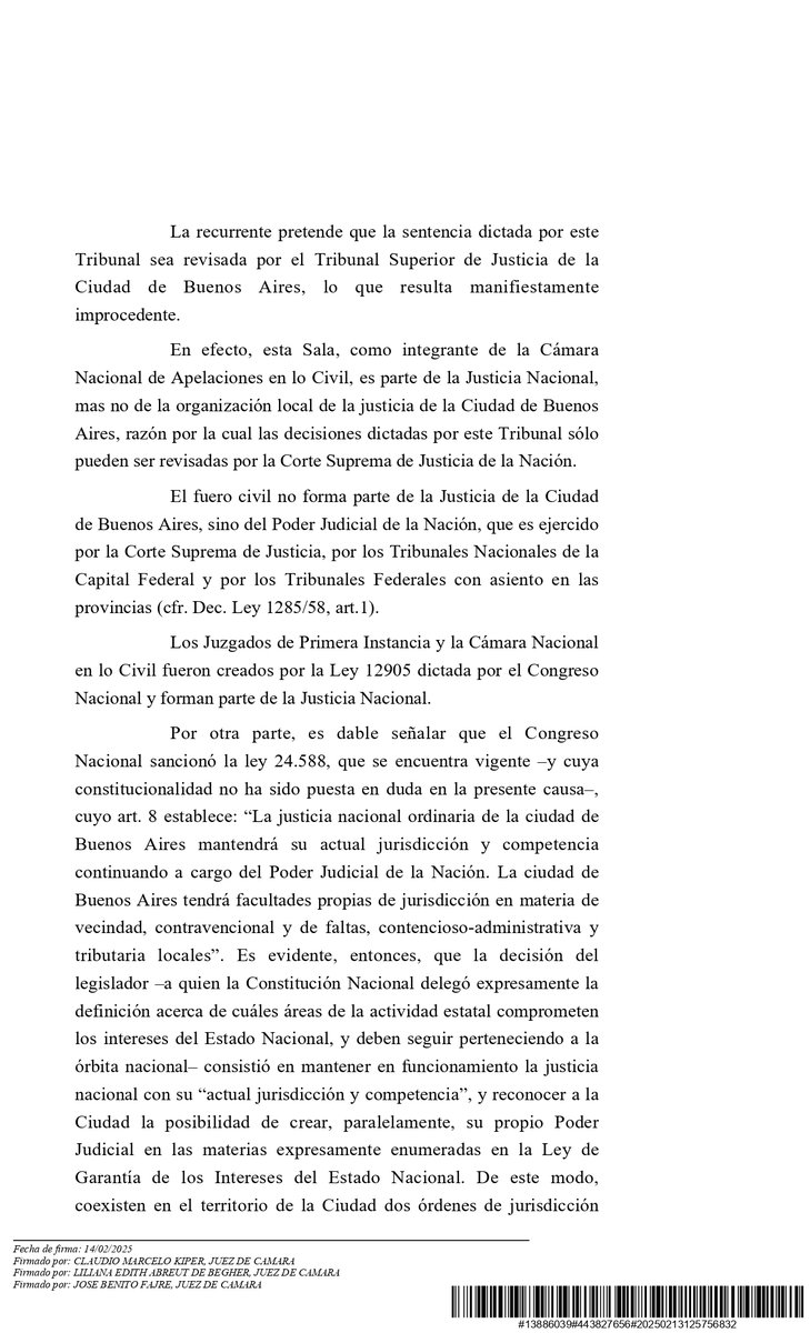 Estudio_Rolon's tweet photo. 📢La Sala H de la Cámara Nacional de Apelaciones en lo Civil rechazó 'in limine' un recurso de inconstitucionalidad, que pretendía la revisión de su sentencia por el Tribunal Superior de Justicia de la Ciudad de Buenos Aires, invocando el fallo “Levinas” de la CSJN.
 (1/2) https://t.co/QmNE992mNw