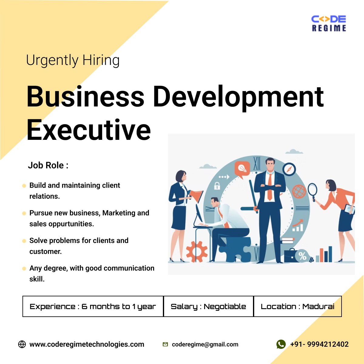 RegimeCode's tweet image. #madurai #businessdevelopment #carreergrowth #joboppurtunity #urgenthiring #hiring #BusinessGrowth #BusinessSolutions #callnow #businessdevelopmentexecutive #BDE #softwarecompany #ITsales #knowledgeinIT #newjobs #coderegimetechnologies #goodcommunications