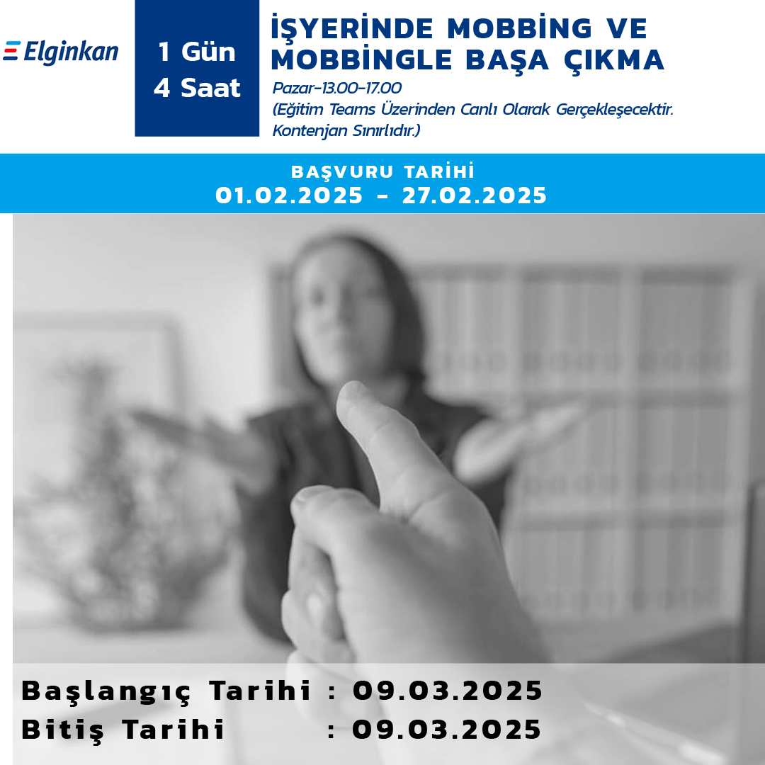 9 Mart Pazar günü başlayacak ve 1 Gün 4 saat sürecek Mobbing Ve Mobbingle Başa Çıkma uzaktan eğitim seminerimiz için son başvuru 27 Şubat Perşembe günüdür.

Kayıt işlemlerinizi web sitemiz üzerinden gerçekleştirebilirsiniz.

Başvuru linkleri:
basvuru.aemtem.org.tr